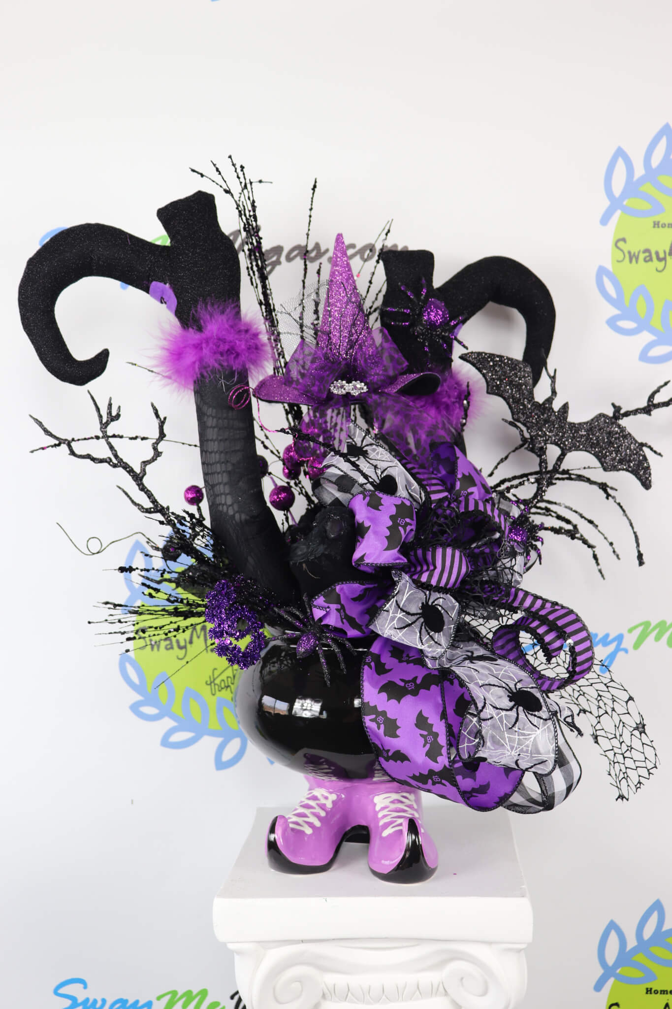 Witch Cauldron Halloween Centerpiece Black Purple Crow