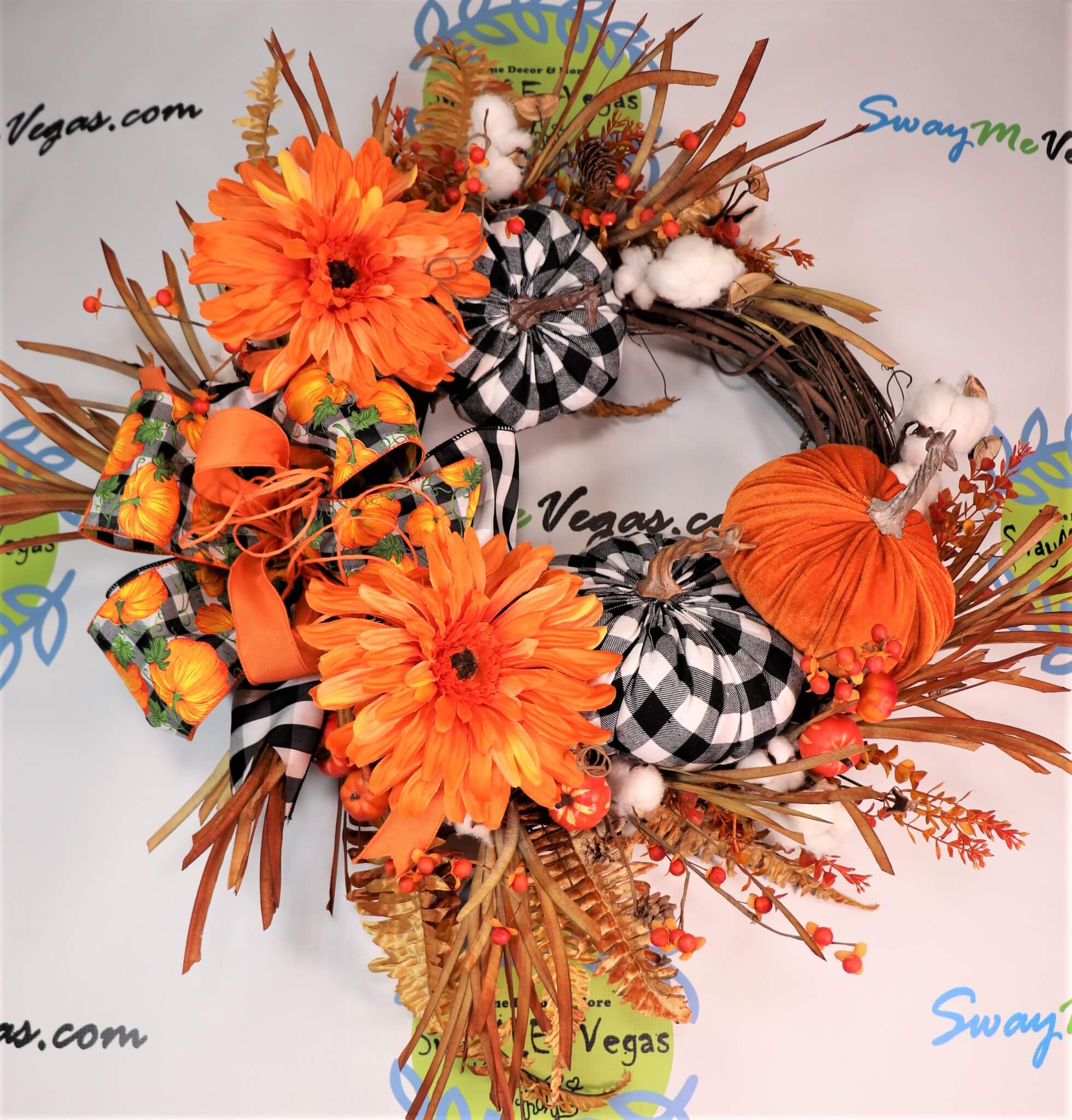 Fall Grapevine Wreath with Buffalo Check Pumpkins