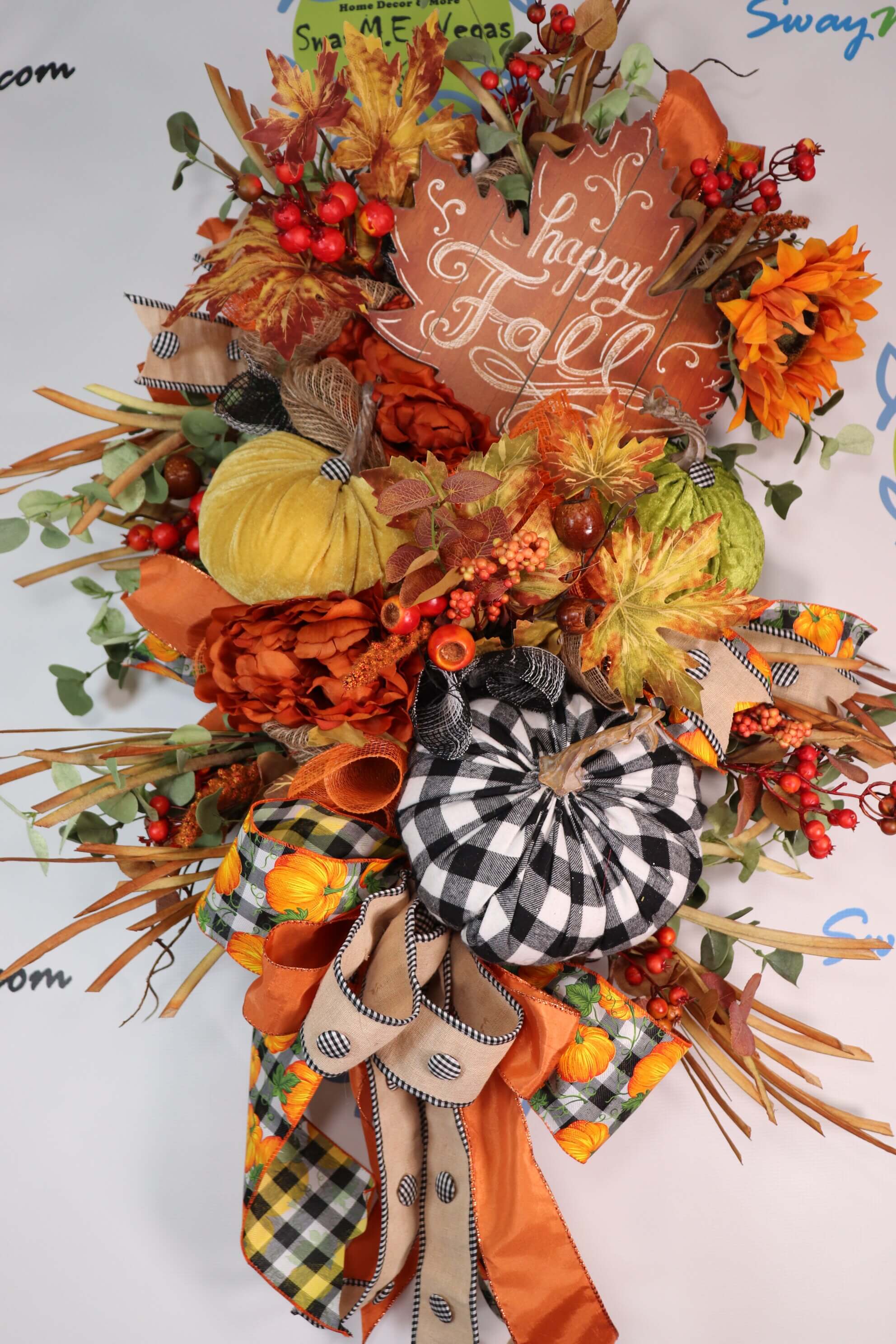 Farmhouse Fall Autumn Door Swag with Pumpkins